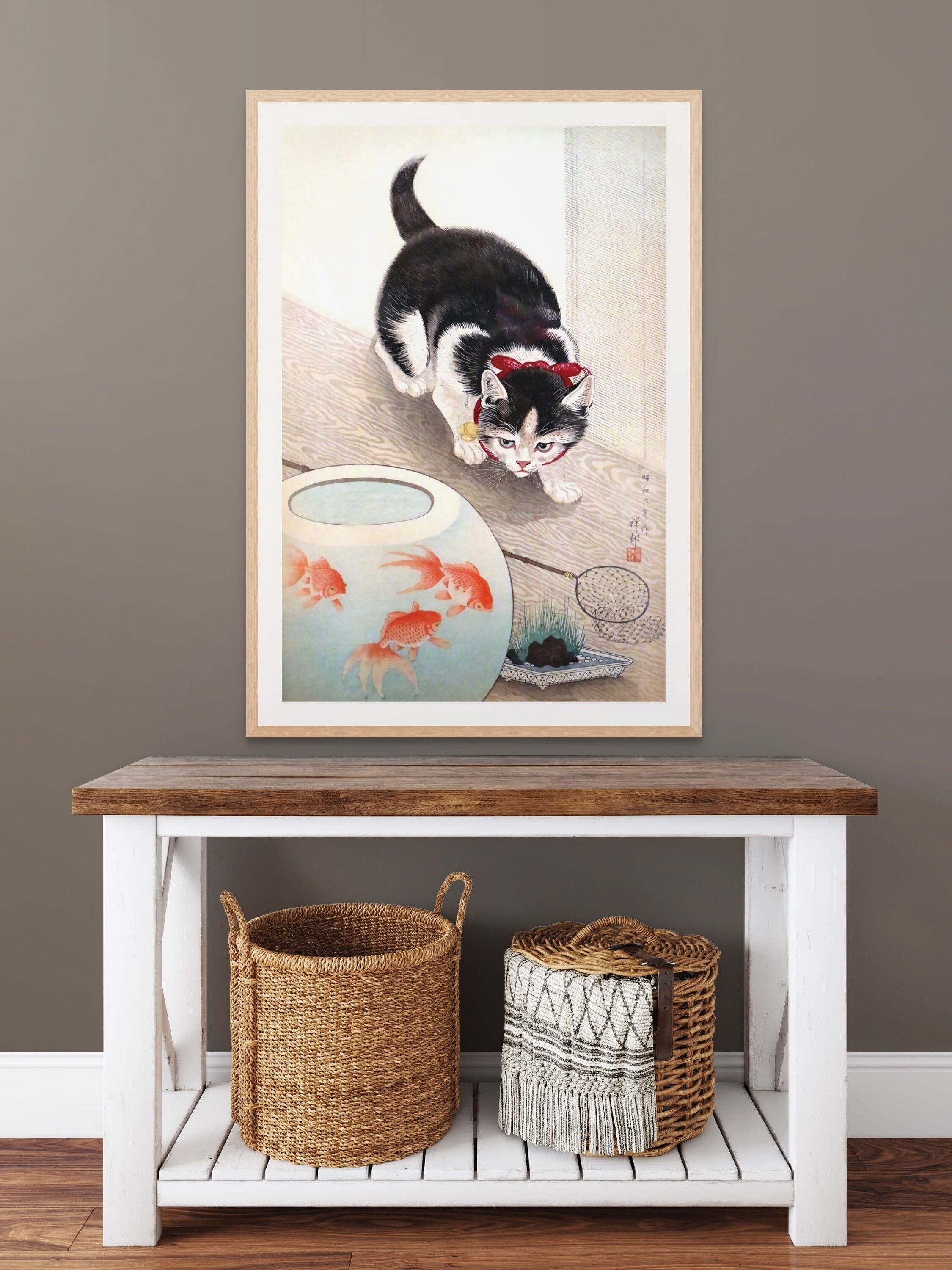 Arte murale – Gatto e boccia per pesci rossi 1933 – Illustrazione di animali giapponesi d'epoca – Poster di gatti – Decorazione botanica giapponese