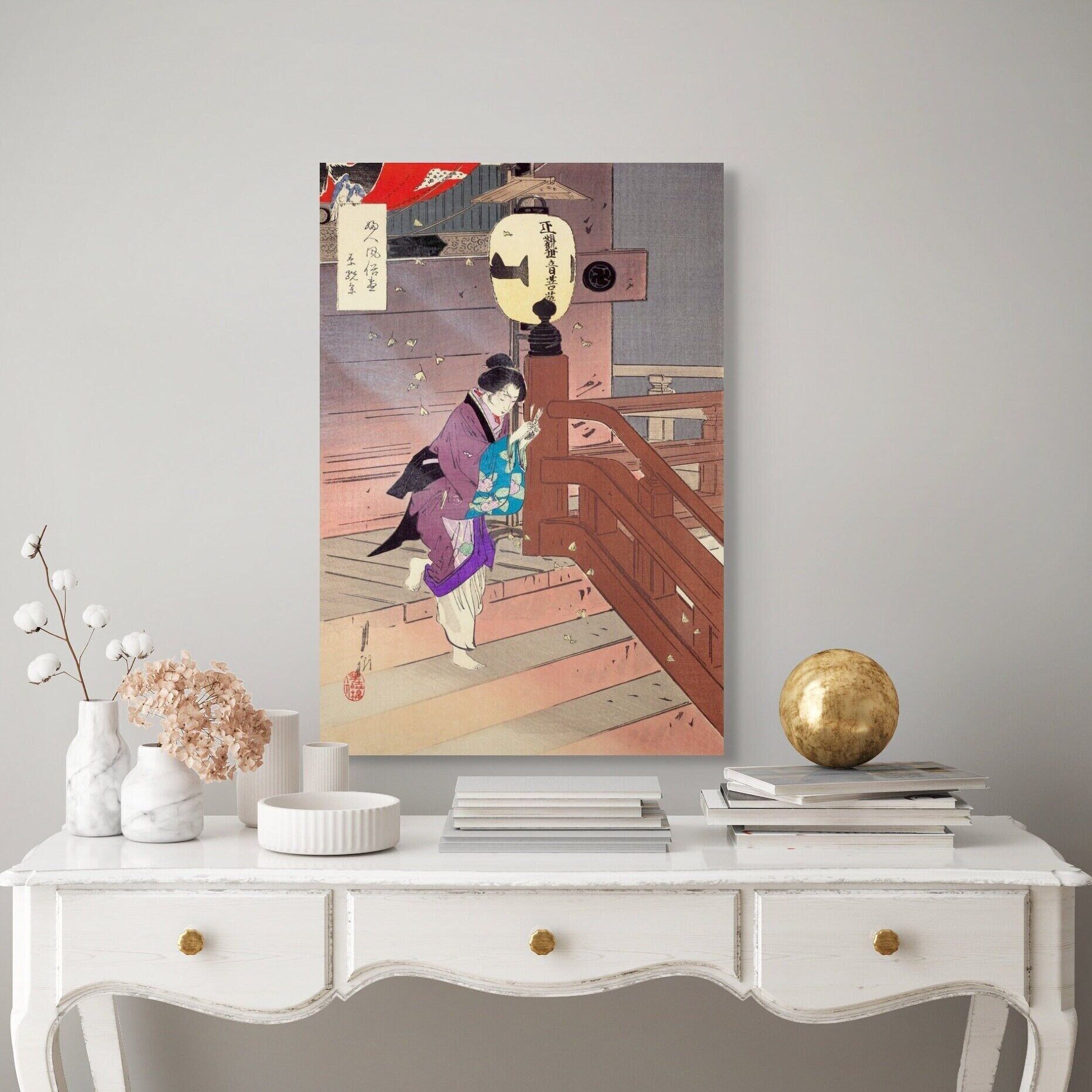 Arte murale – Visita al tempio a piedi nudi 1898 – Stampa di Ogata Gekko – Stampa giapponese – Decorazione giapponese d'epoca