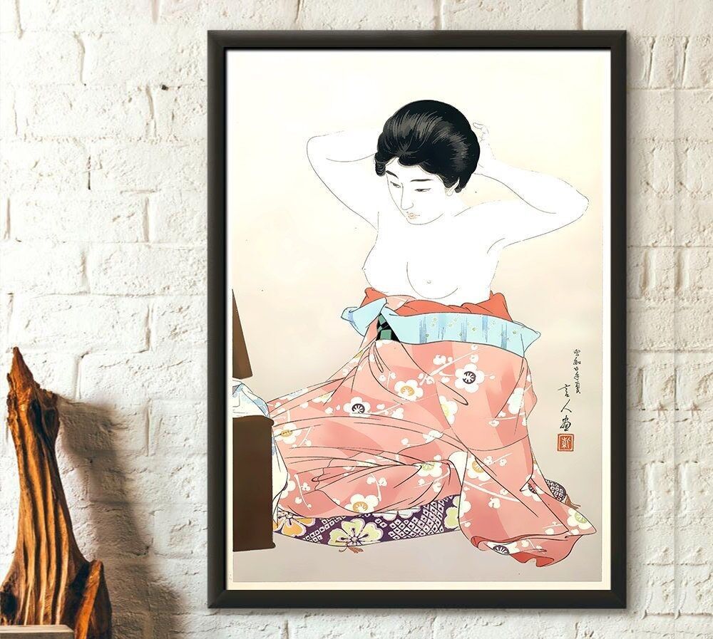 Poster Kumoi Sakura – Stampa giapponese di Torii Kotondo – Arte da parete per soggiorno – Ukiyo-e – Donna davanti a uno specchio – Arte giapponese