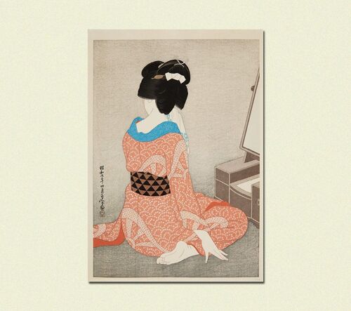 Affiche impression kimono shibori japonais – Femme devant un miroir par Hakuho Hirano – Art mural Ukiyo-e