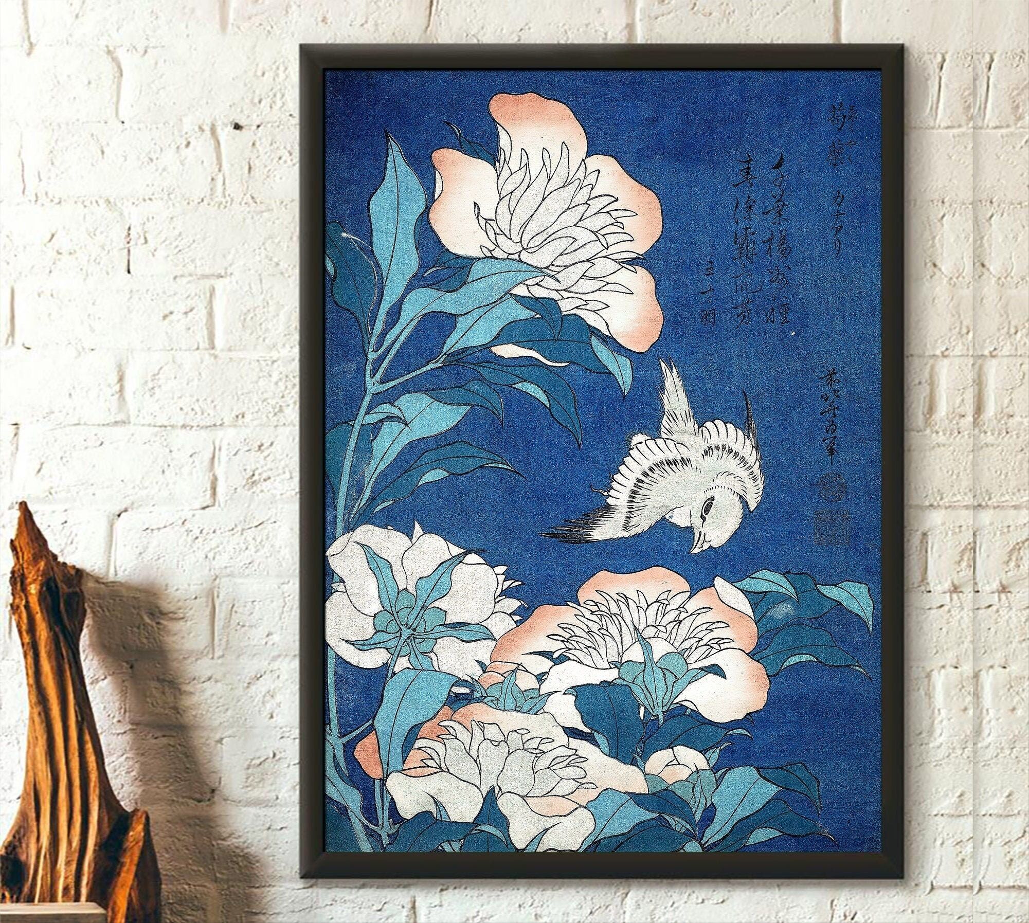 Canarino e peonie 1834 – Stampa Katsushika Hokusai – Poster Ukiyo-e – Arte da parete giapponese – Poster Hokusai