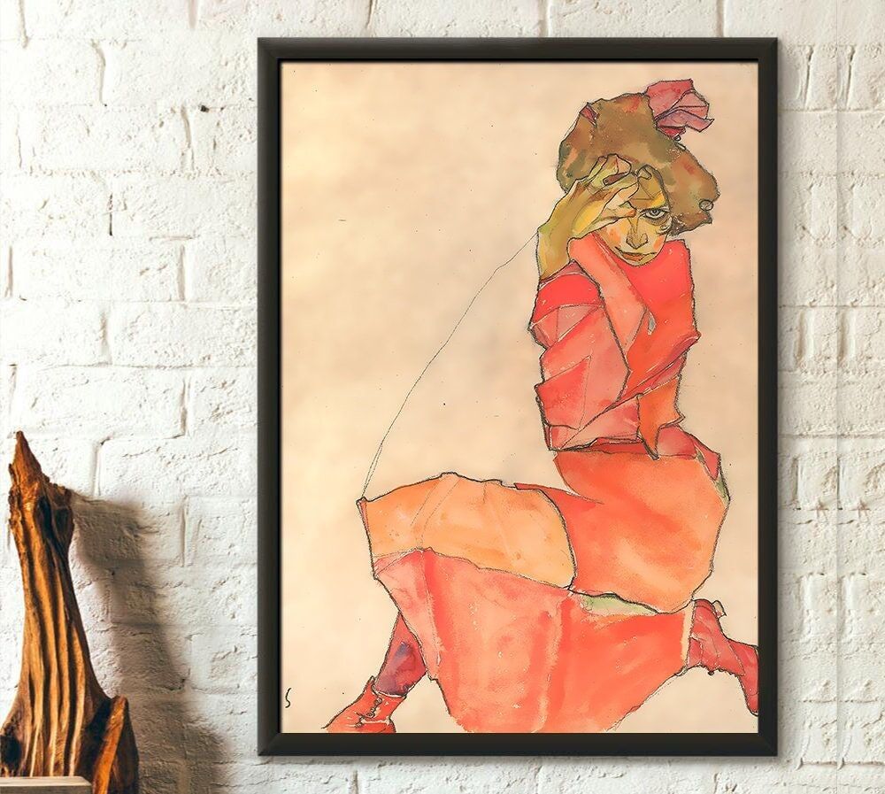 Egon Schiele, Donna inginocchiata in abito rosso-arancio, 1910 – Poster giclée – Riproduzione artistica – Regalo di inaugurazione della casa