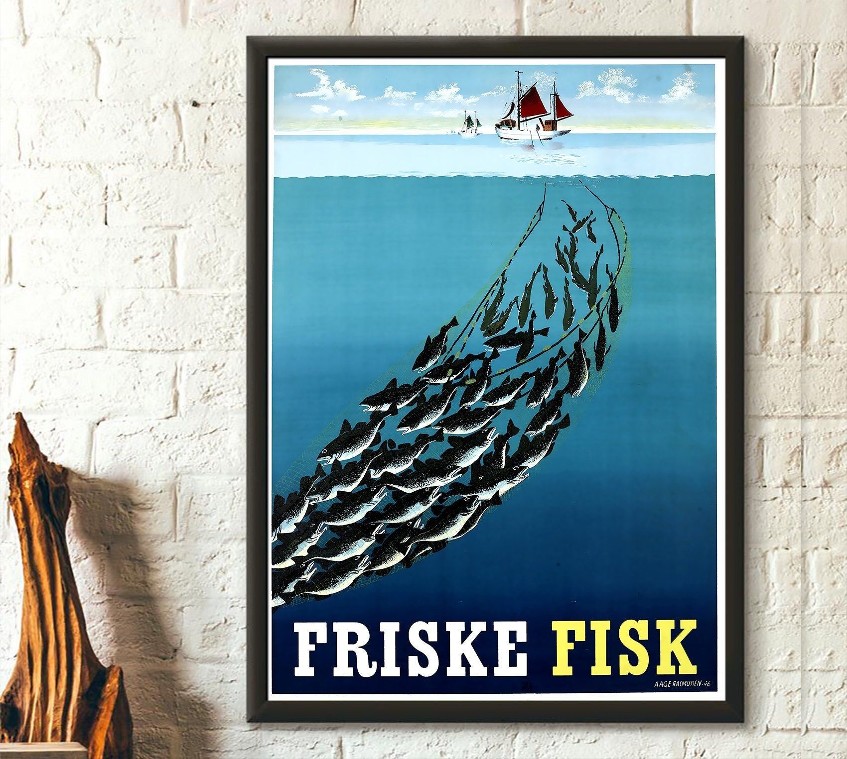 Poster vintage di pesca – Decorazione da parete per cucina premium – Decorazione Friske Fisk