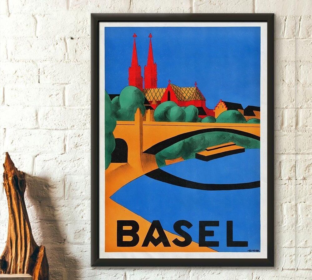 Manifesto turistico vintage di Basilea, Svizzera, 1937 - Decorazione murale di qualità