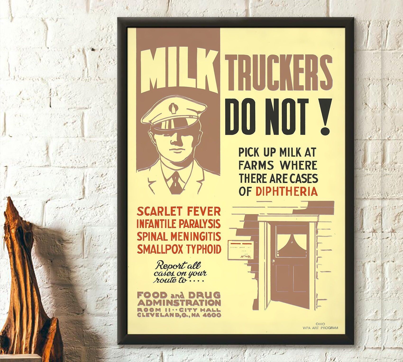 Poster vintage di cibo con difterite e meningite - Decorazione unica per la cucina - Avvertenza FDA - Regalo di arte murale