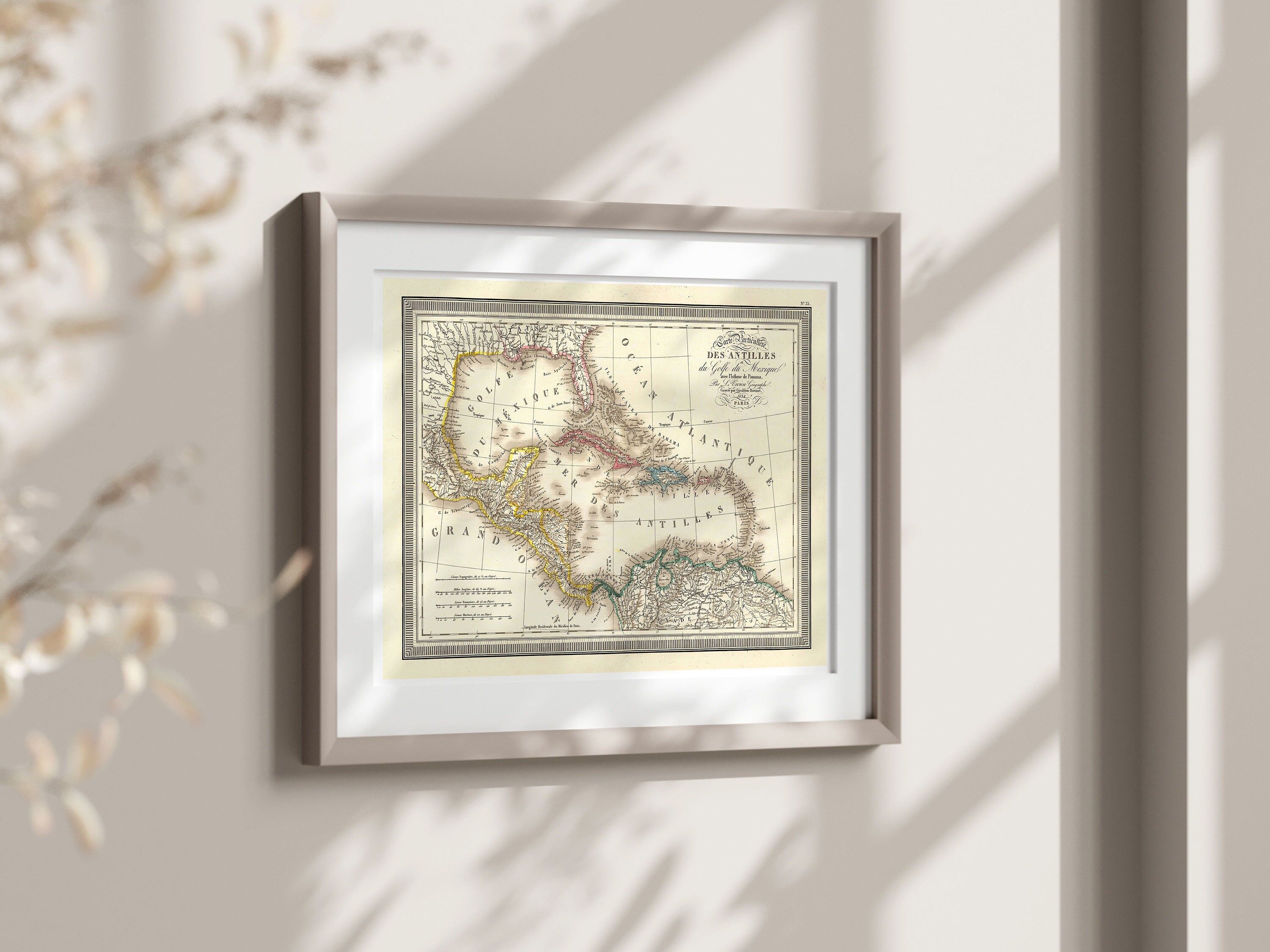 Poster con mappa delle Indie Occidentali – Martinica – Giamaica – Arte murale di qualità premium