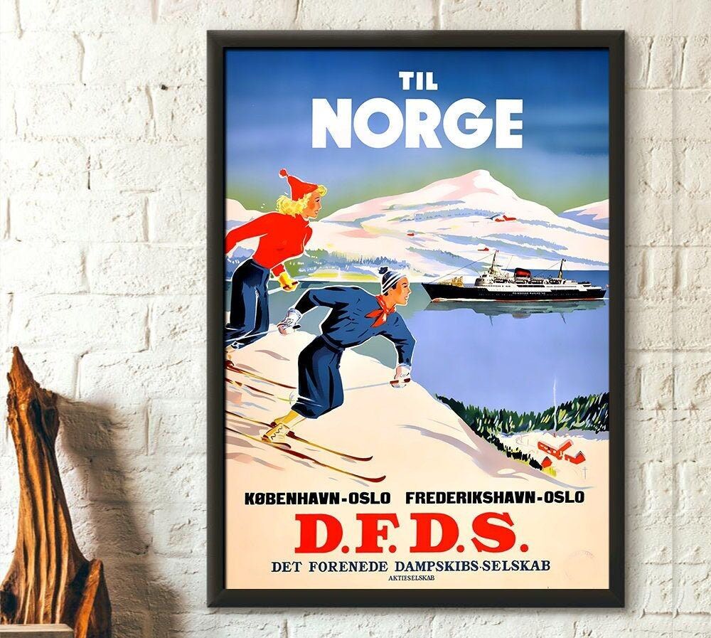 Poster vintage degli anni '50 sullo sci in Norvegia - Decorazione murale con neve invernale