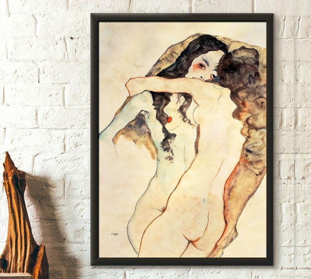 Egon Schiele Deux femmes qui s’enlacent – Art mural expressionniste – Idée cadeau lesbienne