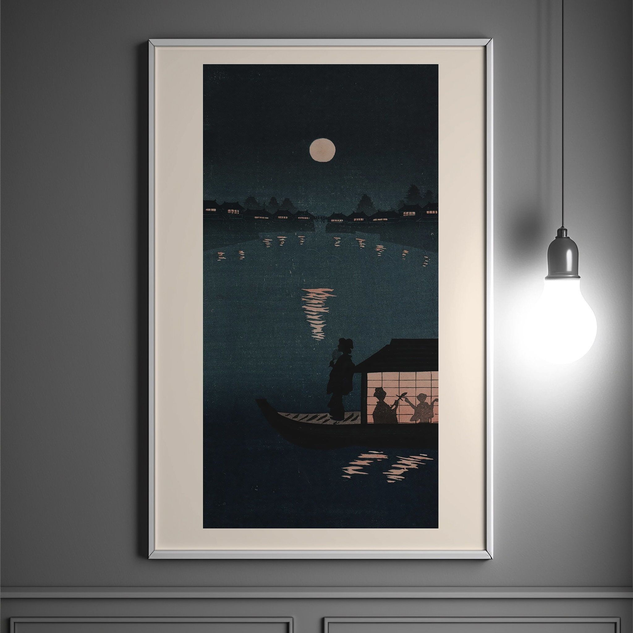 Serie MoonLight – Barca, donne e fiume – Stampa giapponese del periodo Edo – Poster Koitsu – Arte murale giapponese – Arte del Giappone