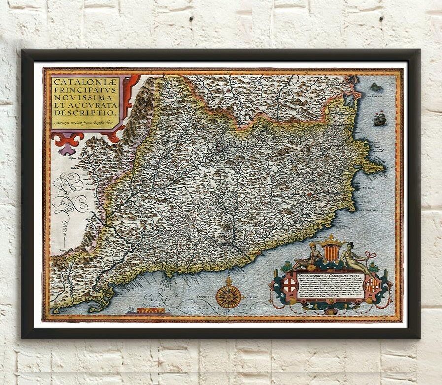 Poster Premium: Mappa della Catalogna 1608 – Poster da parete per Barcellona e Perpignan – Per gli amanti delle mappe