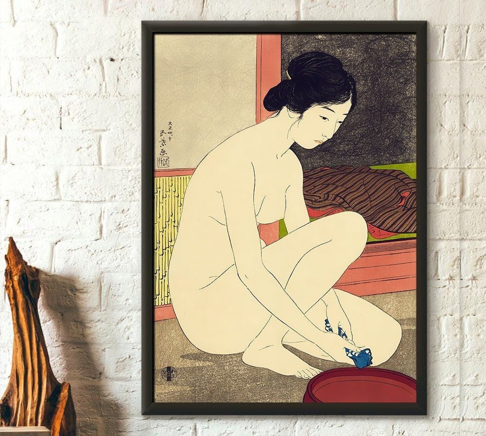 Arte giapponese "Donna al bagno" 1915 di Hashiguchi Goyo – Arte murale giapponese Ukiyo-e – Arte asiatica del periodo Edo – Donne Goyo