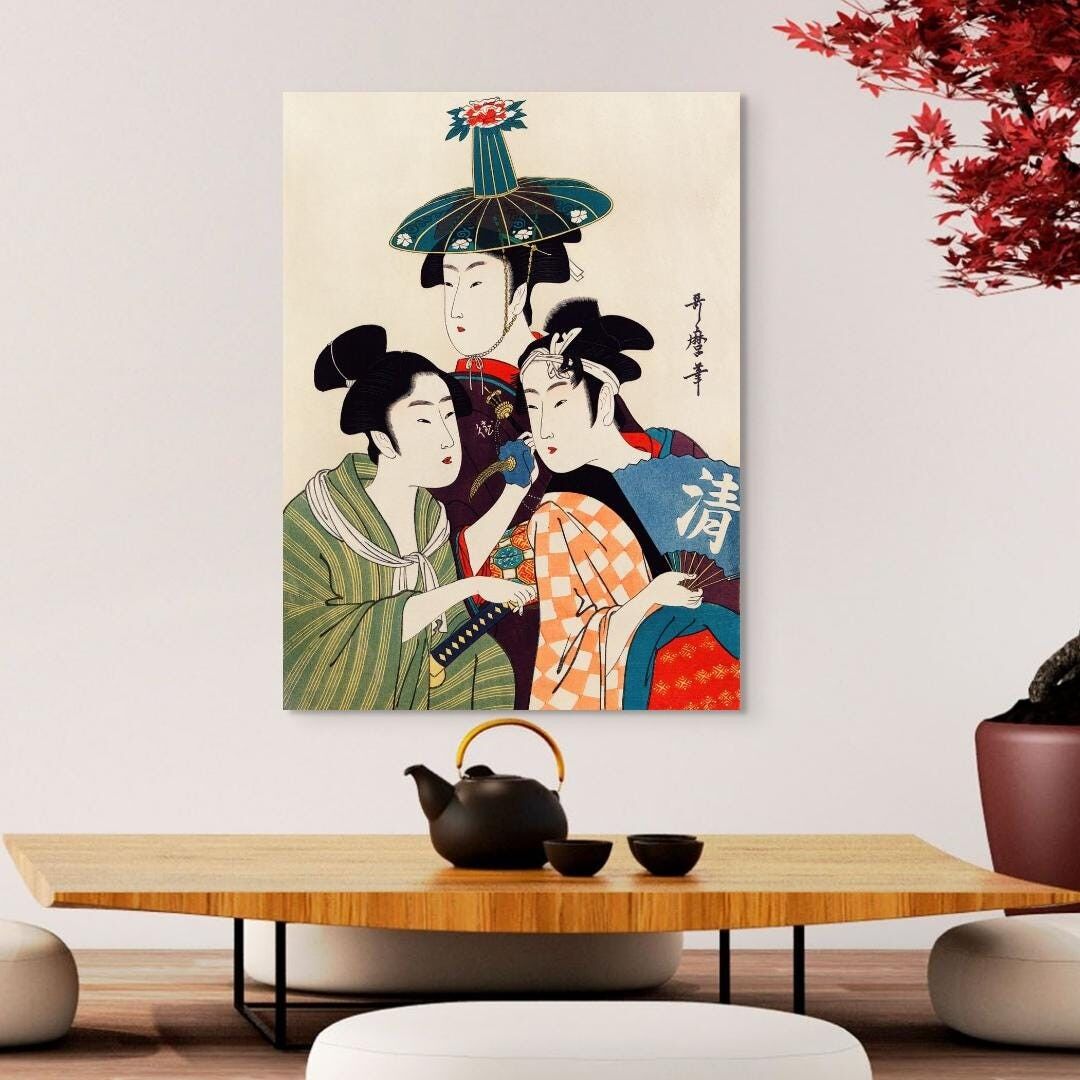 Tre giovani uomini o donne Kitagawa Utamaro, XVIII secolo – Stampe Ukiyo-e giapponesi – Arte murale giapponese – Japandi