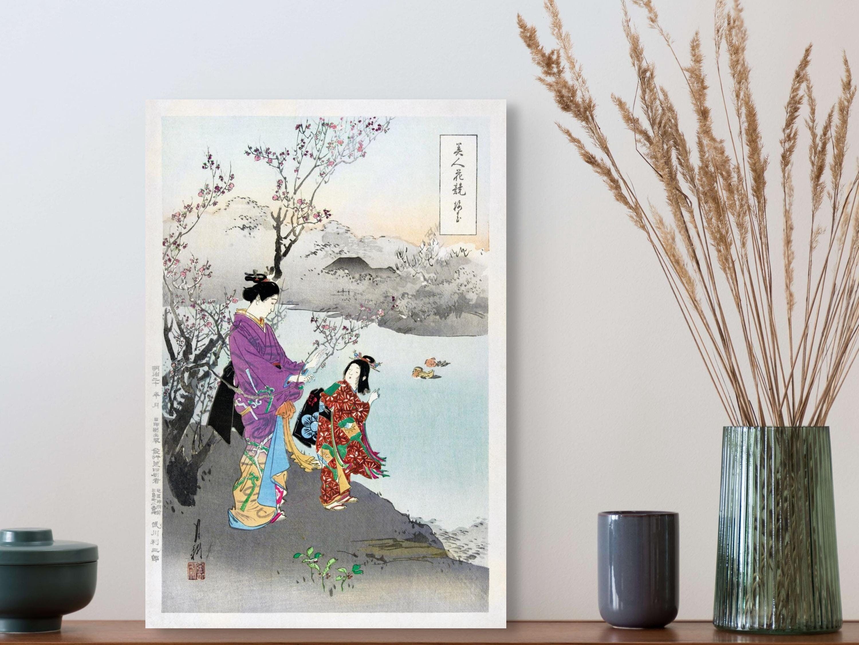 Ammirando il fiore di prugno Ogata Gekko – Stampa Ukiyo-e giapponese – Arte murale giapponese del periodo Edo – Decorazioni asiatiche Japandi