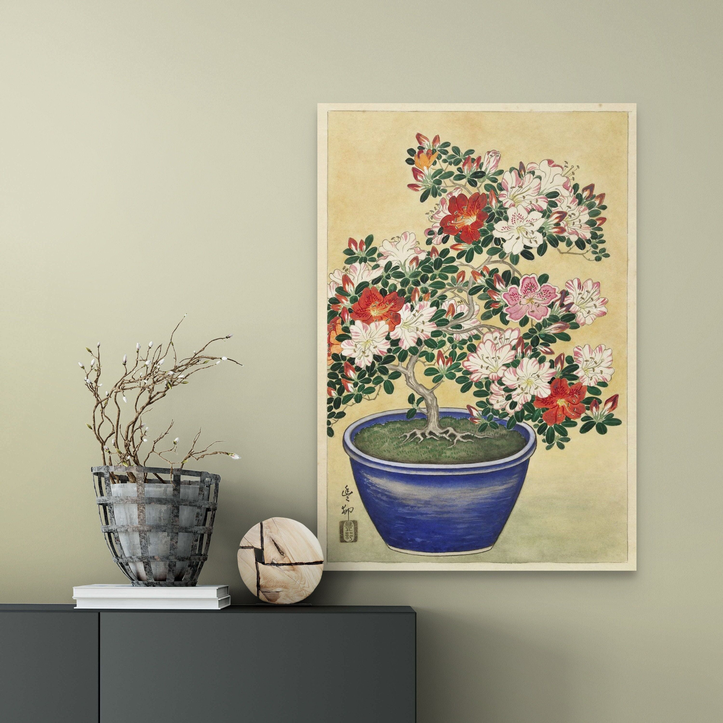 Azalea in vaso blu anni '20 di Ohara Koson – Stampa giapponese – Illustrazione floreale – Decorazione botanica giapponese