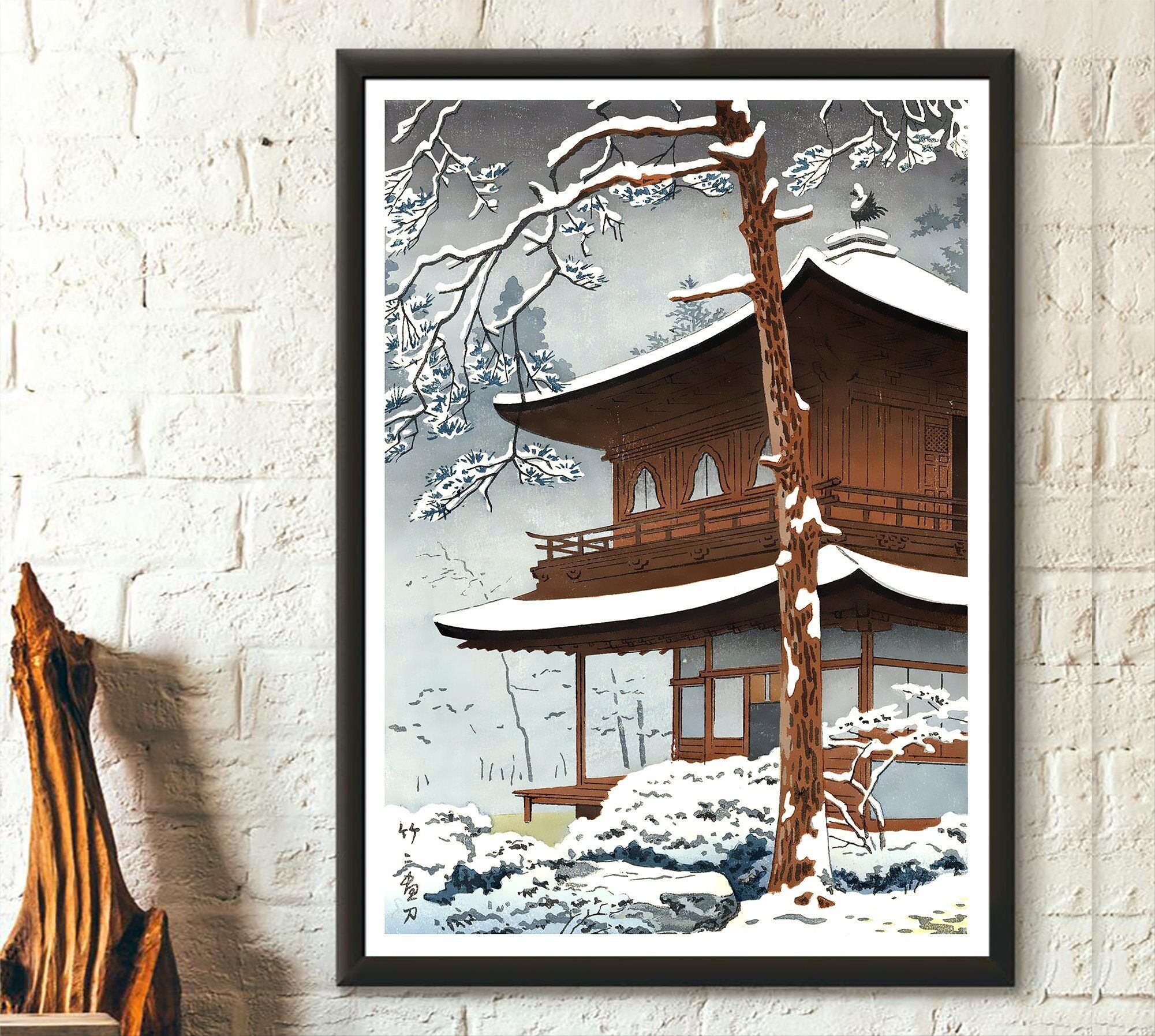 Neve al Tempio Ginkakuji – Kawase Hasui Ukiyo-e – Arte murale giapponese