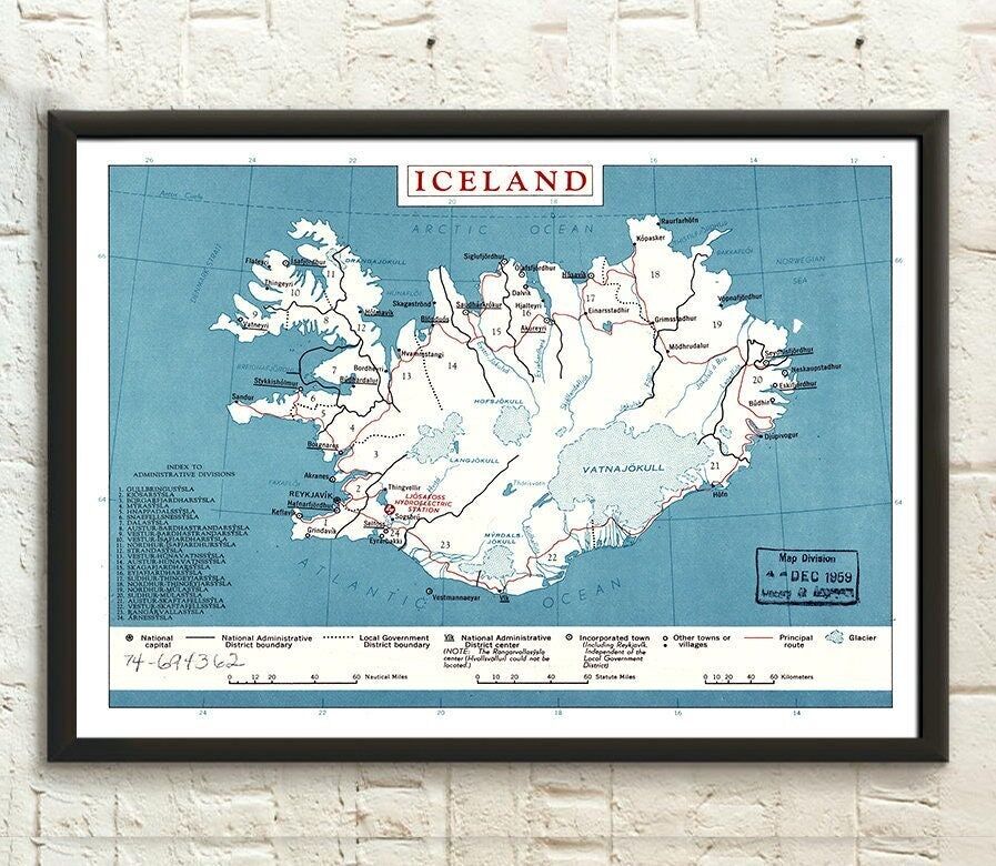 Mappa vintage dell'Islanda del 1959 - Poster di viaggio retrò - Decorazioni islandesi