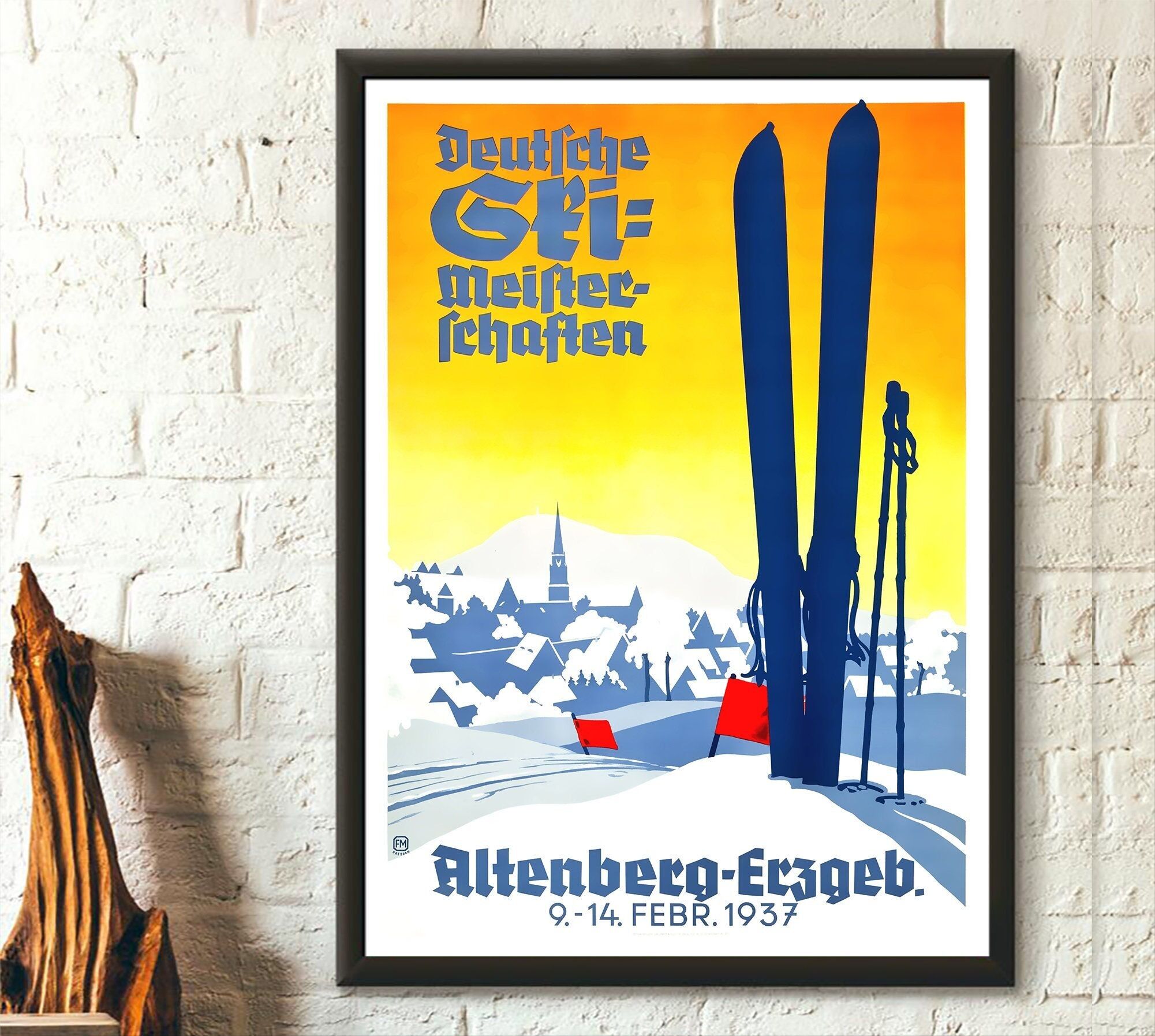 Manifesto di viaggio sciistico tedesco del 1937 – Arte murale di alta qualità – Decorazione turistica retrò