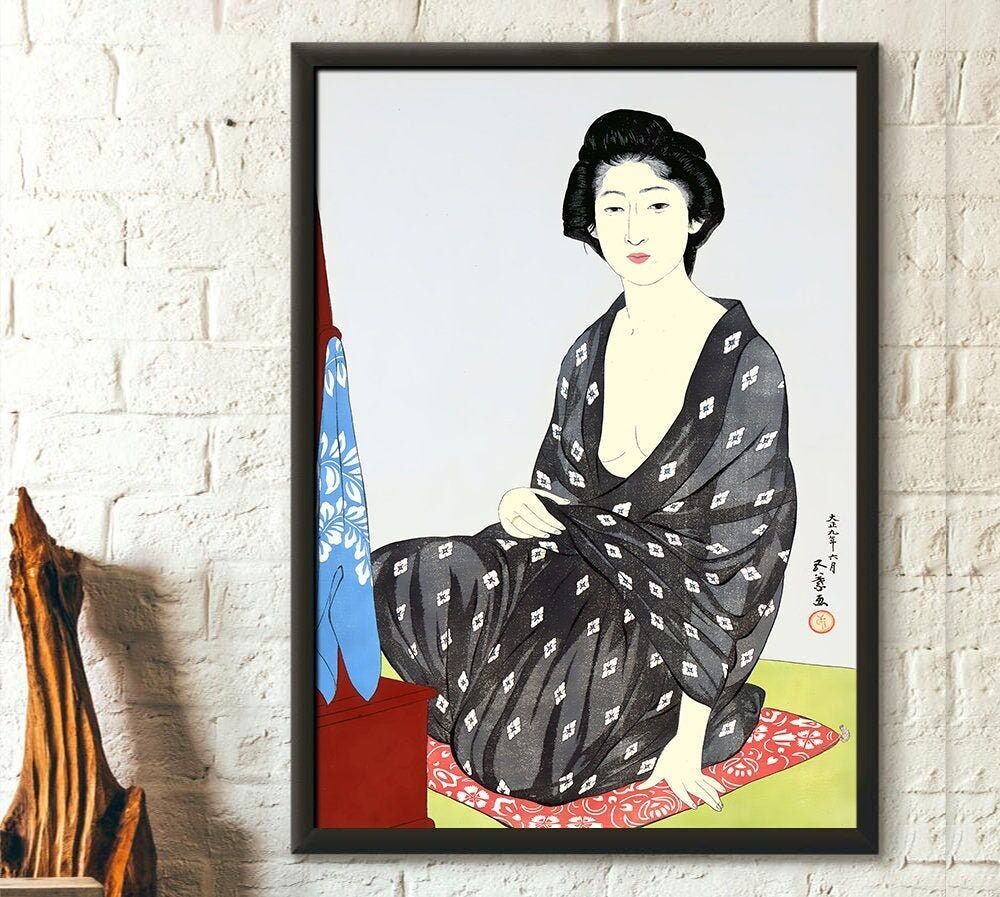 Stampa d'arte giapponese 1920 H Goyo – Donna vestita d'estate Ukiyo-e – Arte murale di alta qualità