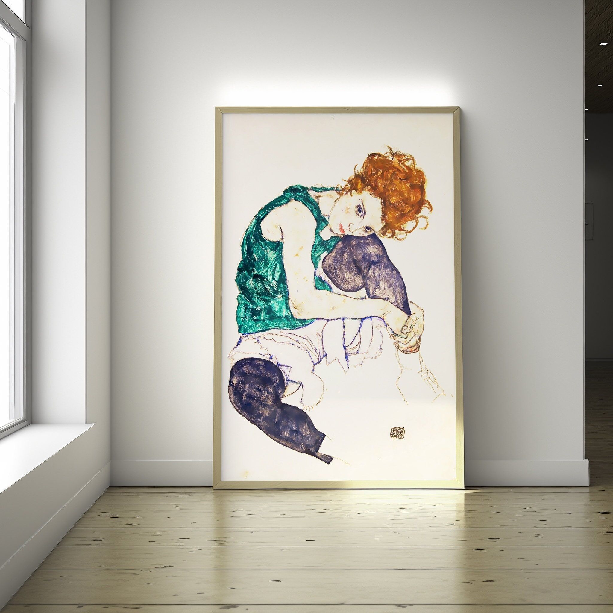 Poster Premium Donna seduta con ginocchio piegato 1917 Egon Schiele – Stampa artistica – Poster di Schiele – Arte murale per anniversario