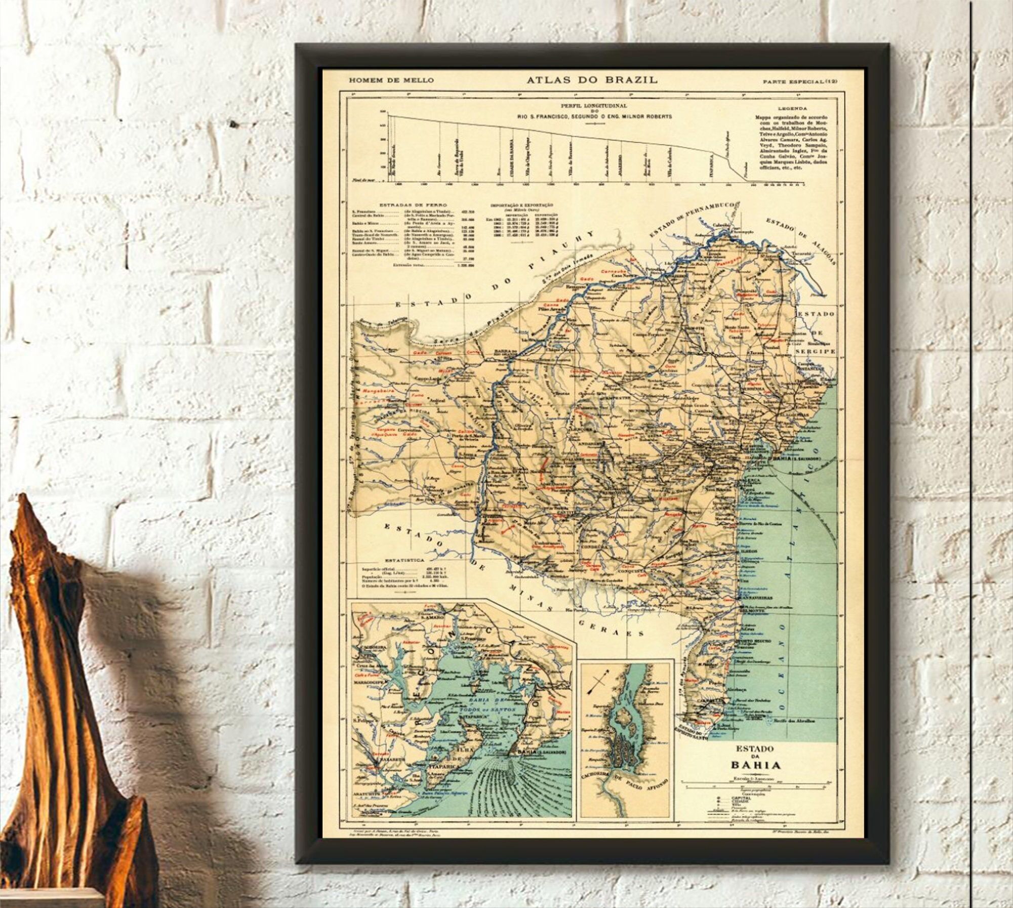 Mappa del Brasile 1909 – Provincia di Bahia – Manifesto turistico brasiliano 1950 – Manifesto della mappa di Bahia – Riproduzione artistica