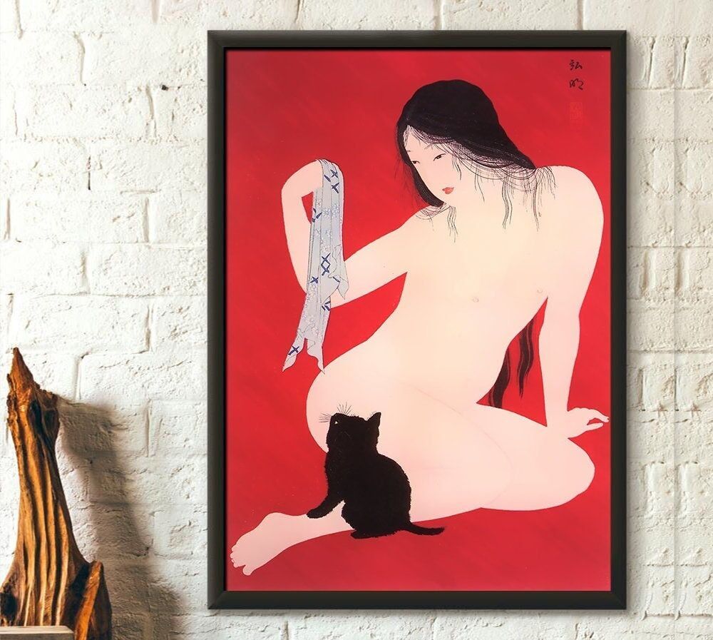 Stampato su carta opaca – Donna con gattino 1930 Takahashi Hiroaki – Stampa Ukiyo-e – Decorazione giapponese