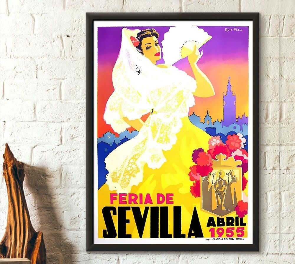 Fiera di Siviglia, Spagna 1955 – Manifesto di Siviglia – Manifesto di viaggio d'epoca – Manifesto murale spagnolo – Nuovo