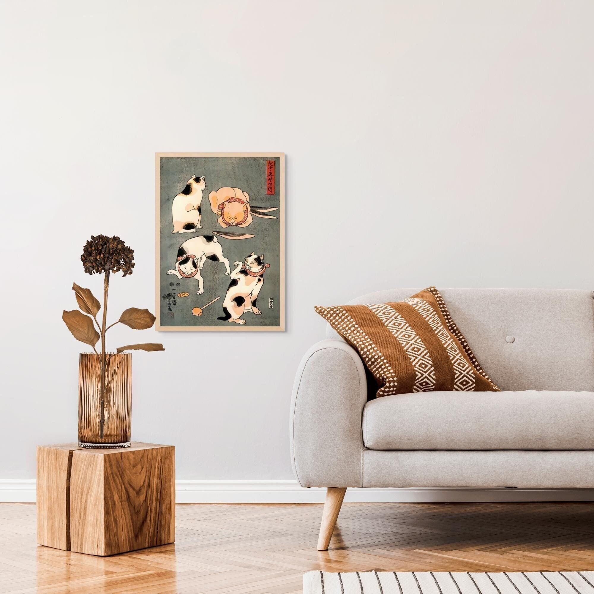 Quattro gatti in pose diverse Utagawa Kuniyoshi (1840) – Stampa xilografica del periodo Edo – Arte murale asiatica