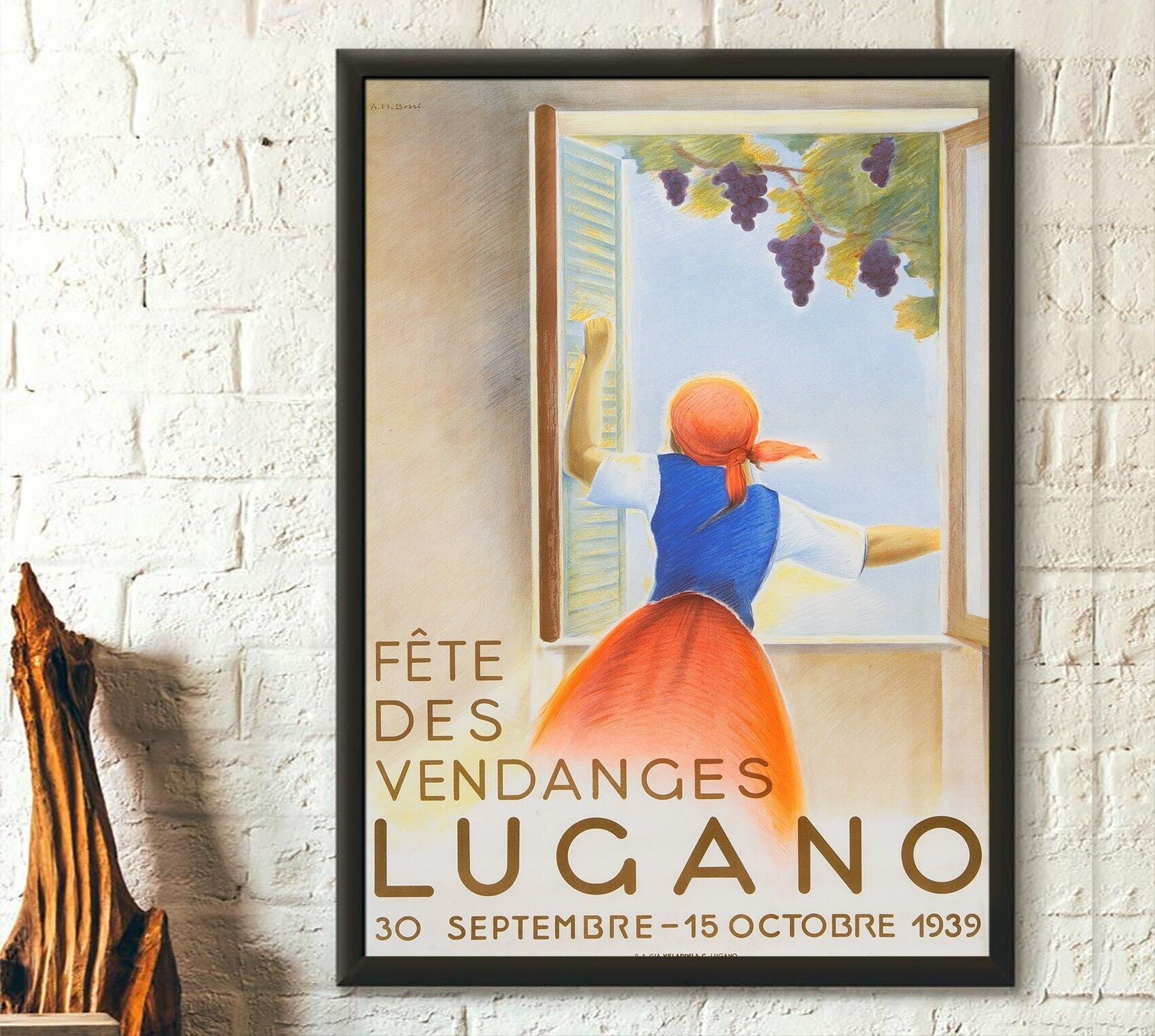 Poster murale della vendemmia di Lugano – Poster del vino svizzero – Poster di Lugano – Poster svizzero – Poster del vino d'annata – Idea regalo di compleanno