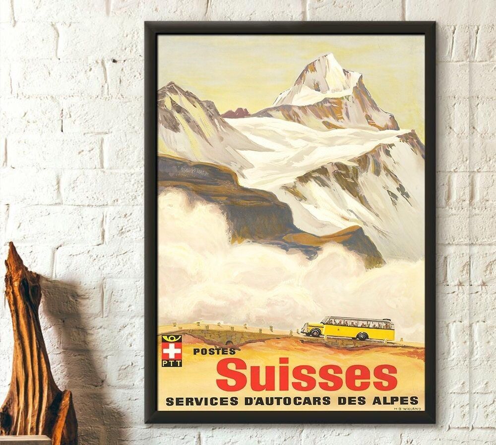 Poster Premium: Poster di viaggio sulle Alpi svizzere con autobus d'epoca - Poster delle Alpi - Poster svizzero - Arte murale di viaggio - Nuovo