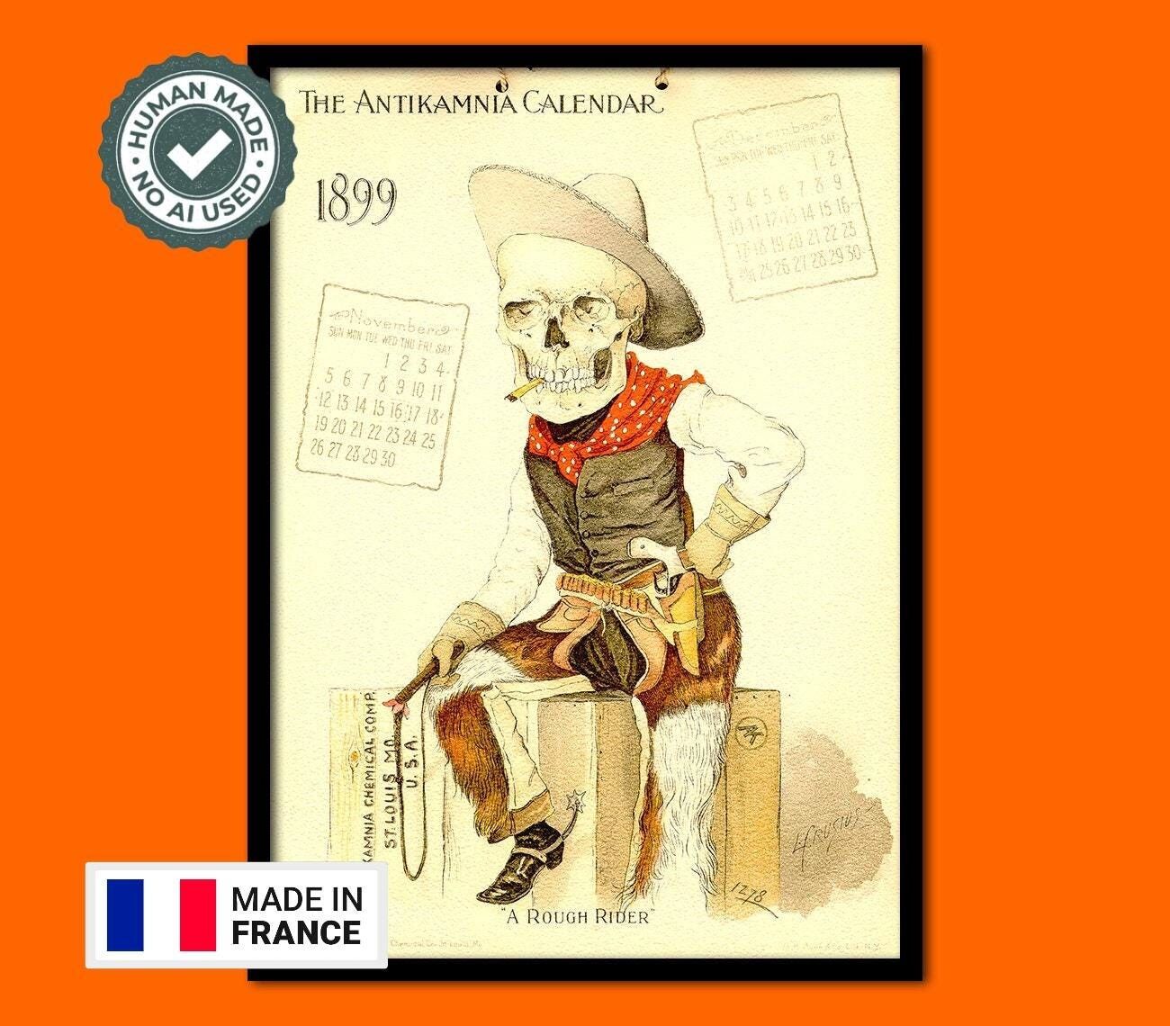 Calendario di Antikamnia 1899 – Decorazione medica anatomica d'epoca – Poster con illustrazione di scheletro divertente – Arte murale retrò