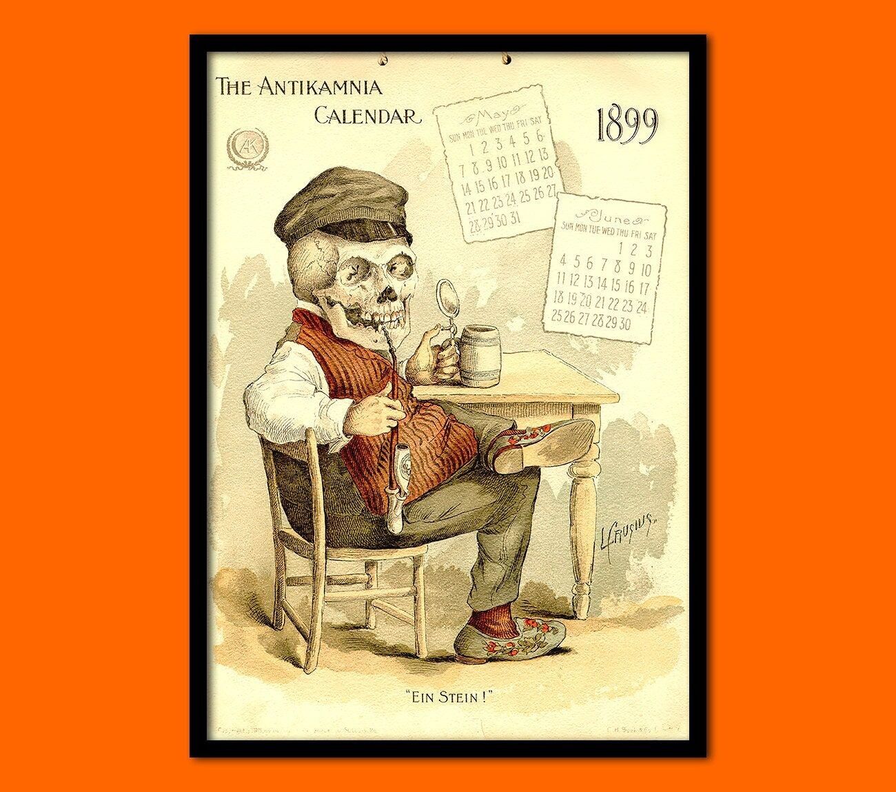 Calendario Antikamnia 1899 – Arte murale medica – Poster anatomico – Illustrazione divertente di uno scheletro – Idea regalo di laurea
