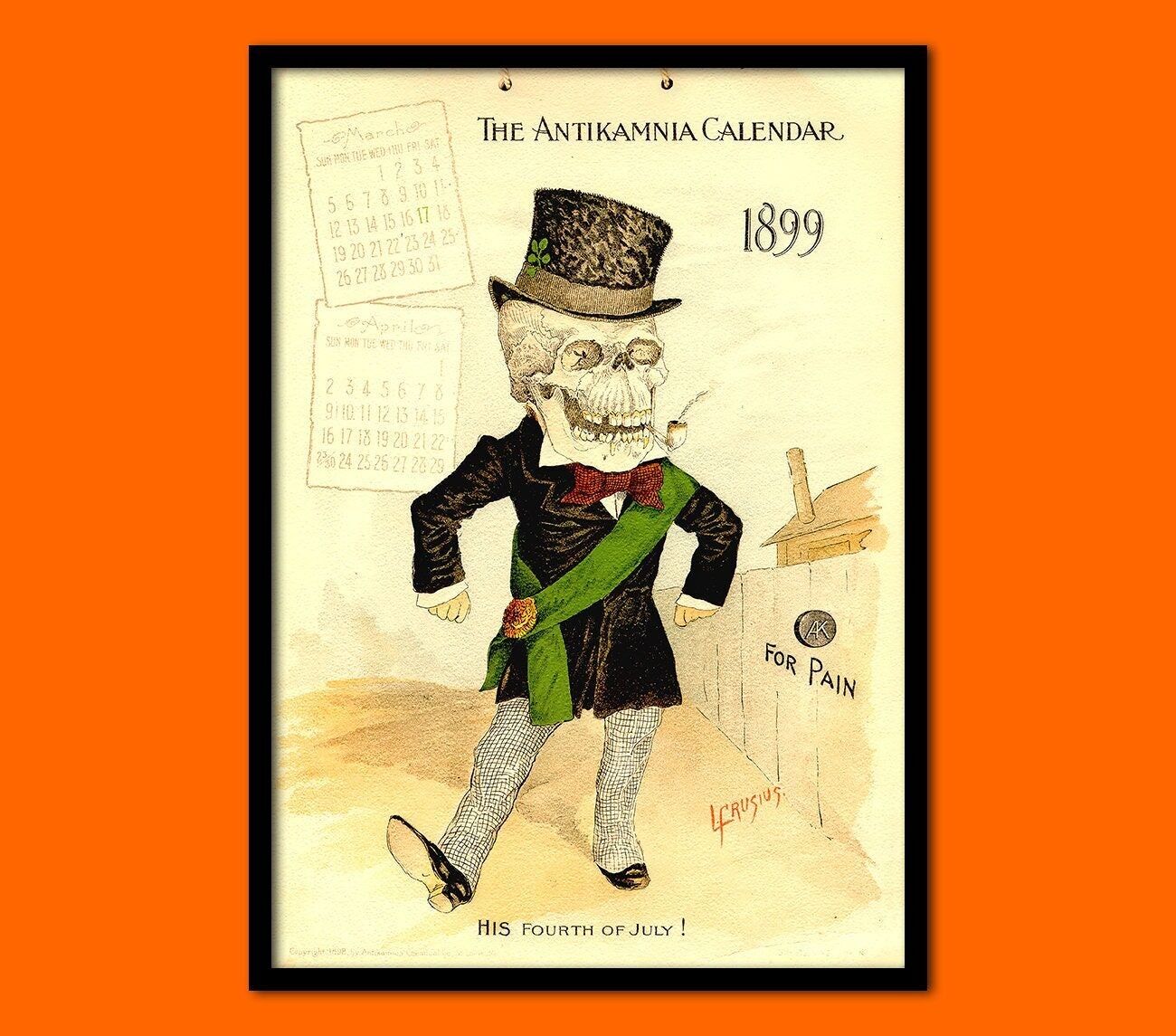 Calendario Antikamnia 1899 – Decorazione medica anatomica – Divertente poster scheletro – Arte murale medica