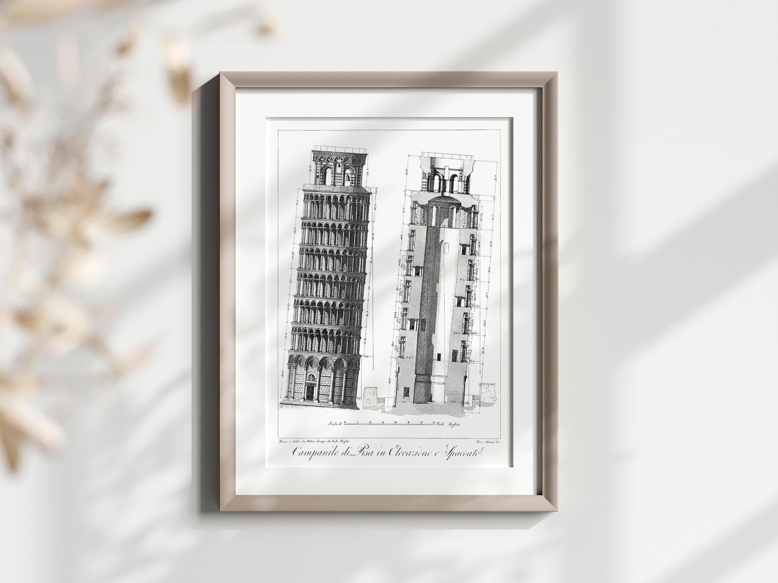 Mappe della Torre Pendente di Pisa – Arte murale architettonica storica – Stampa dettagliata – Decorazioni architettoniche d'epoca