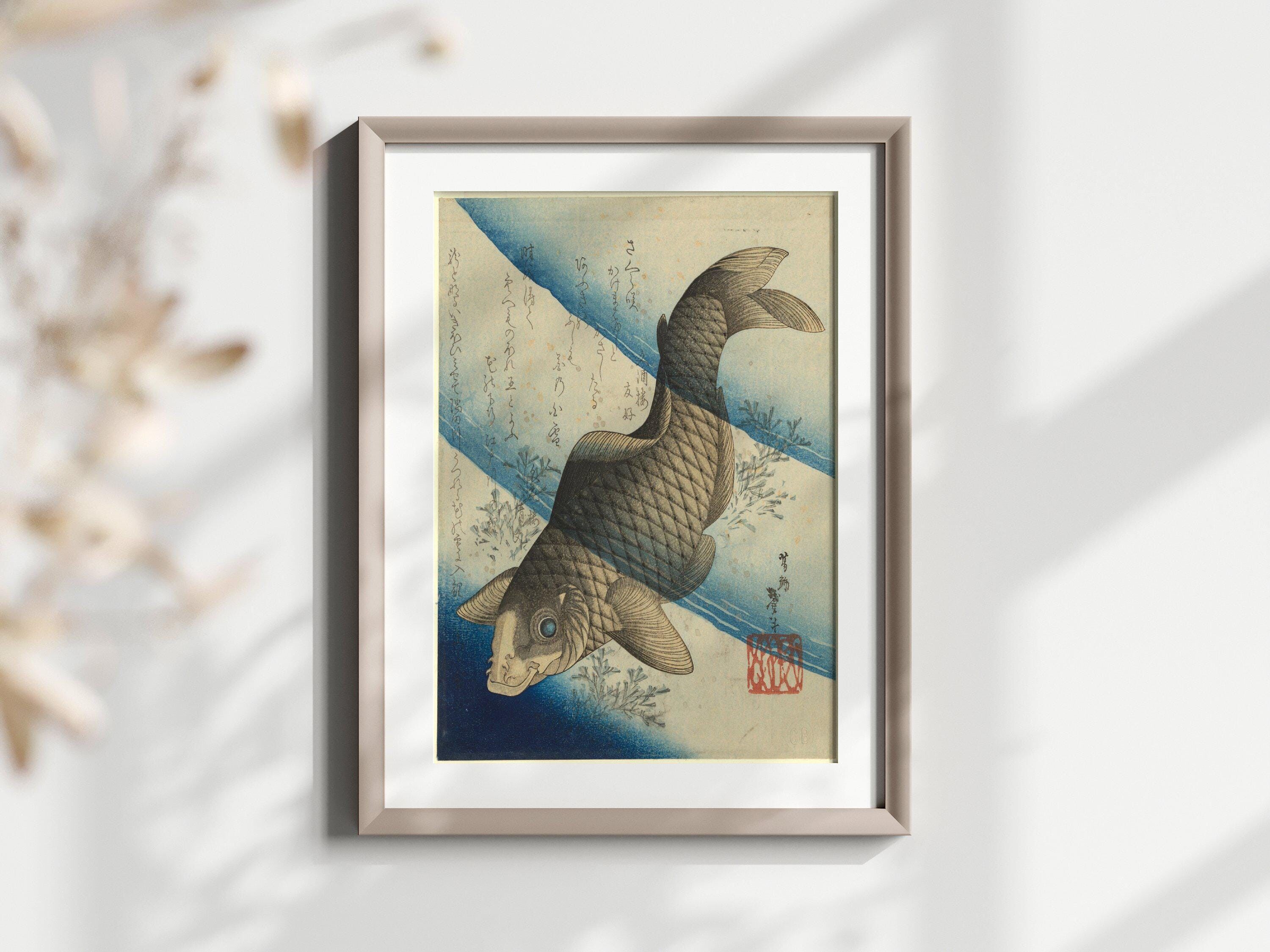 Poster murale giapponese con carpa koi – Arte giapponese d'epoca – Poster tradizionale con pesce – Illustrazione di pesce – Decorazione naturale