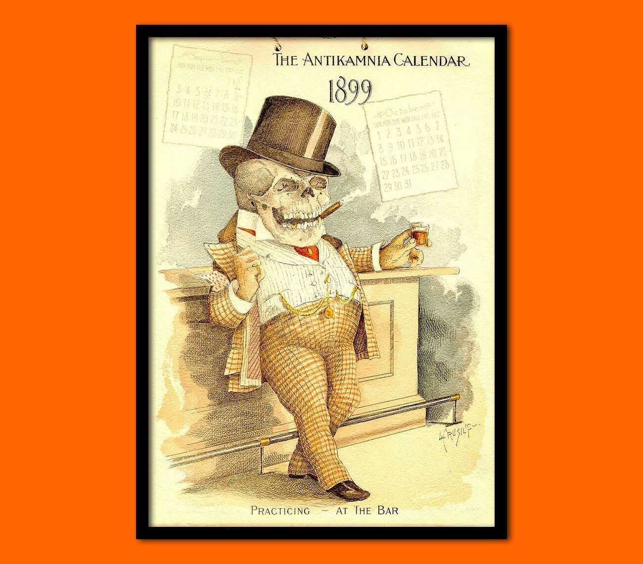 Calendario medico umoristico 1899 – Poster anatomico – Illustrazione divertente di uno scheletro – Arte murale medica