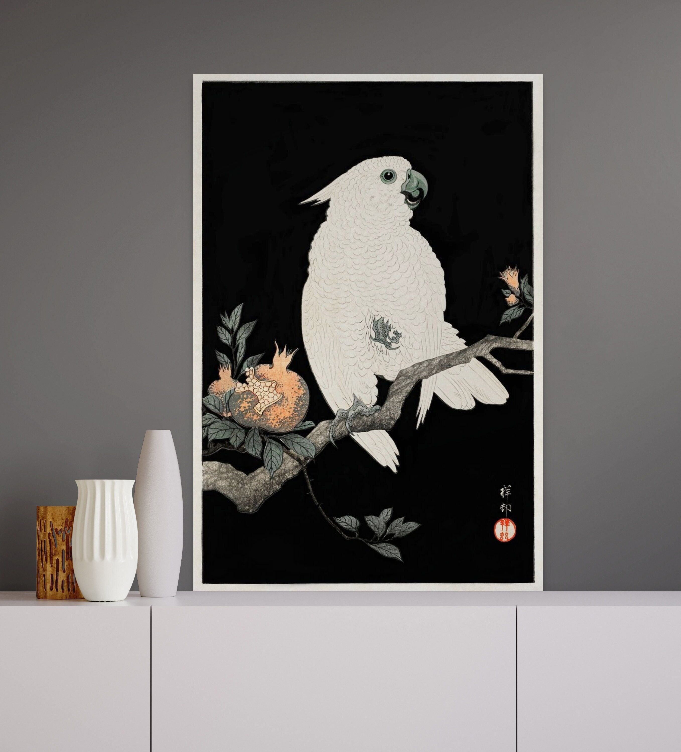 Manifesto di Cacatua con melograno 1927 Ohara Koson – Arte Ukiyo-e – Arte murale giapponese del periodo Edo