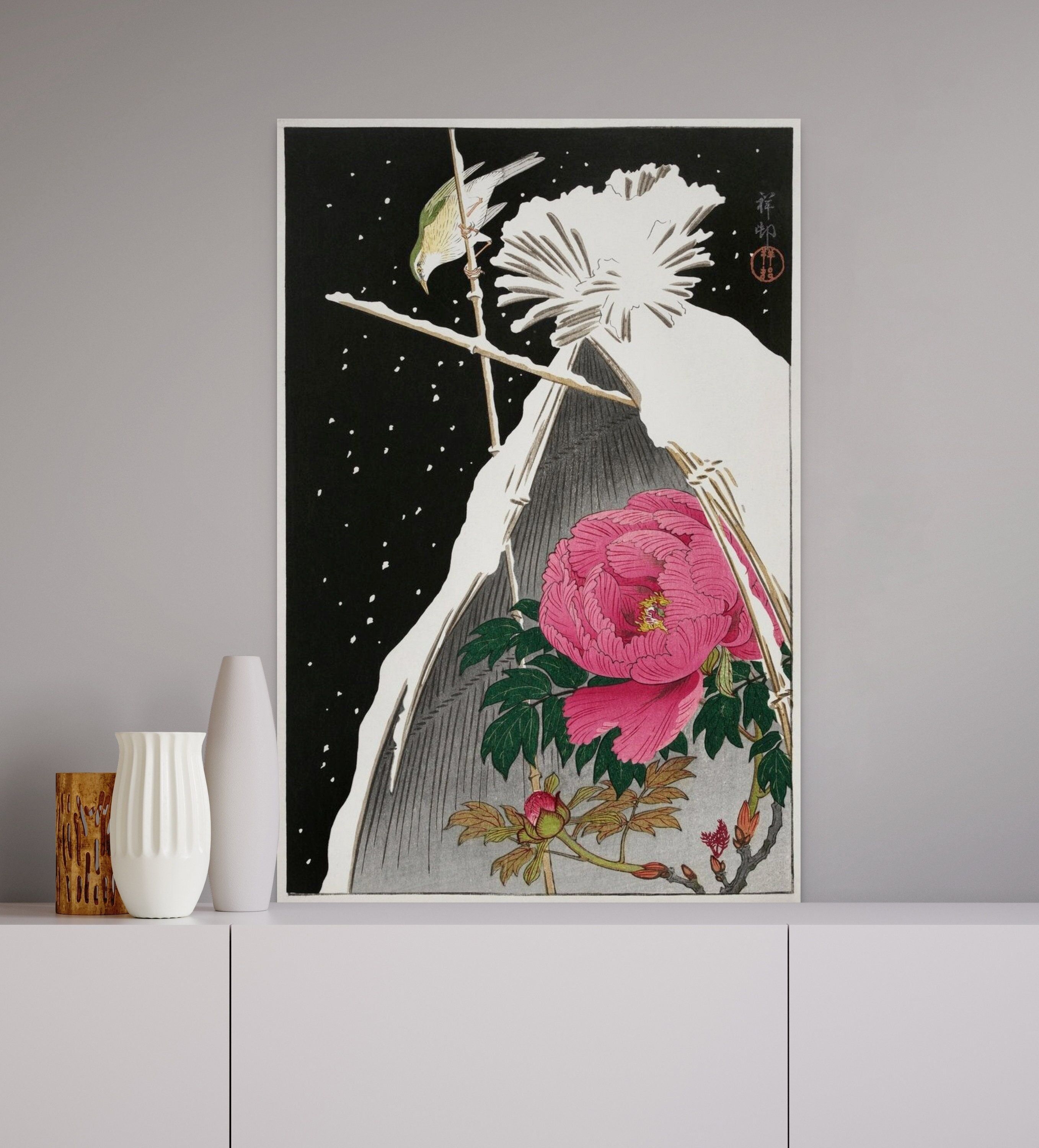 Pettirosso siberiano vicino a una peonia 1925 di Ohara Koson – Arte Ukiyo-e – Arte murale giapponese del periodo Edo