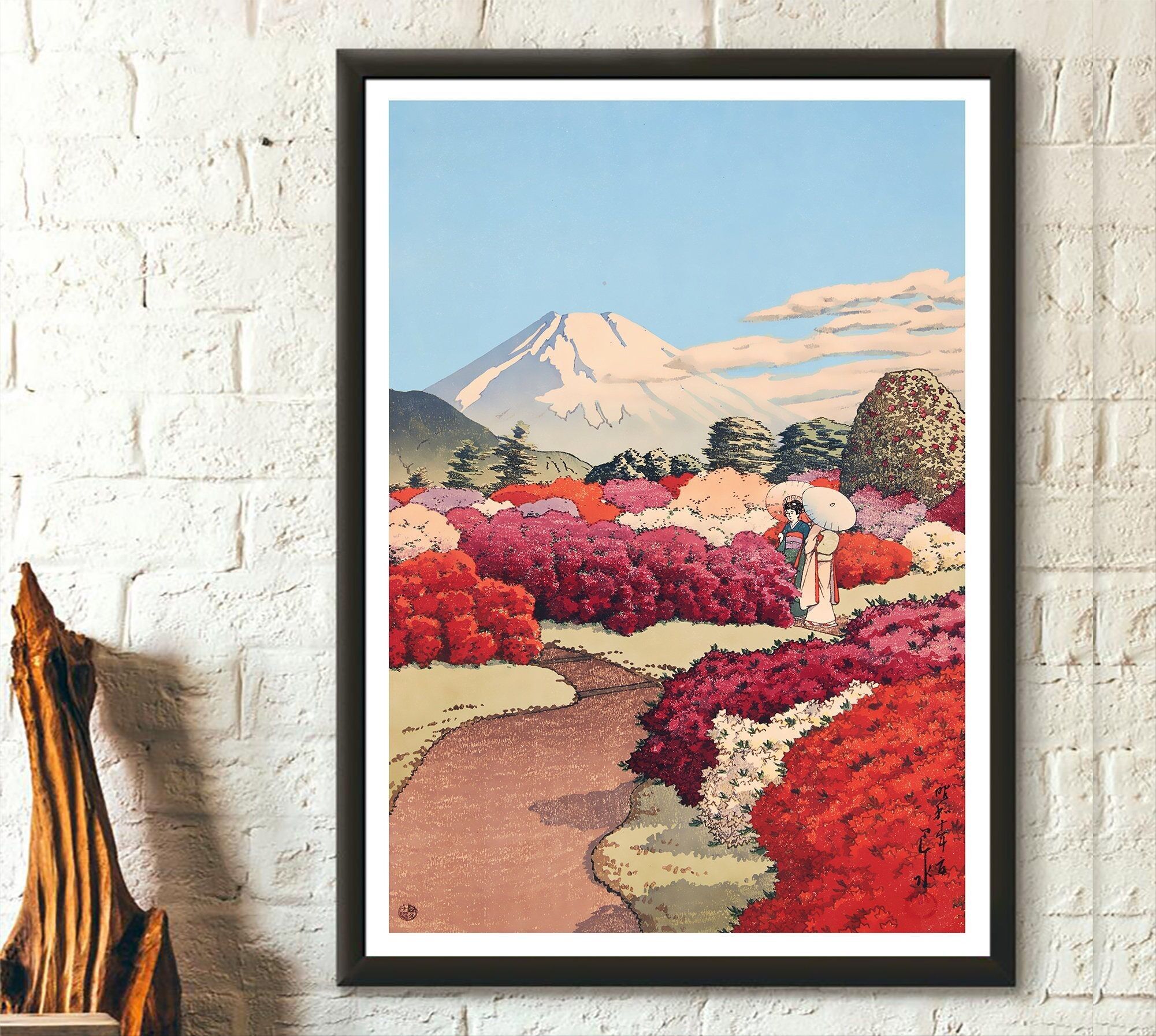 Monte Fuji dal giardino fiorito – Azalee e Monte Fuji Kawase Hasui 1935 – Japan Wall Art – Koitsu Print
