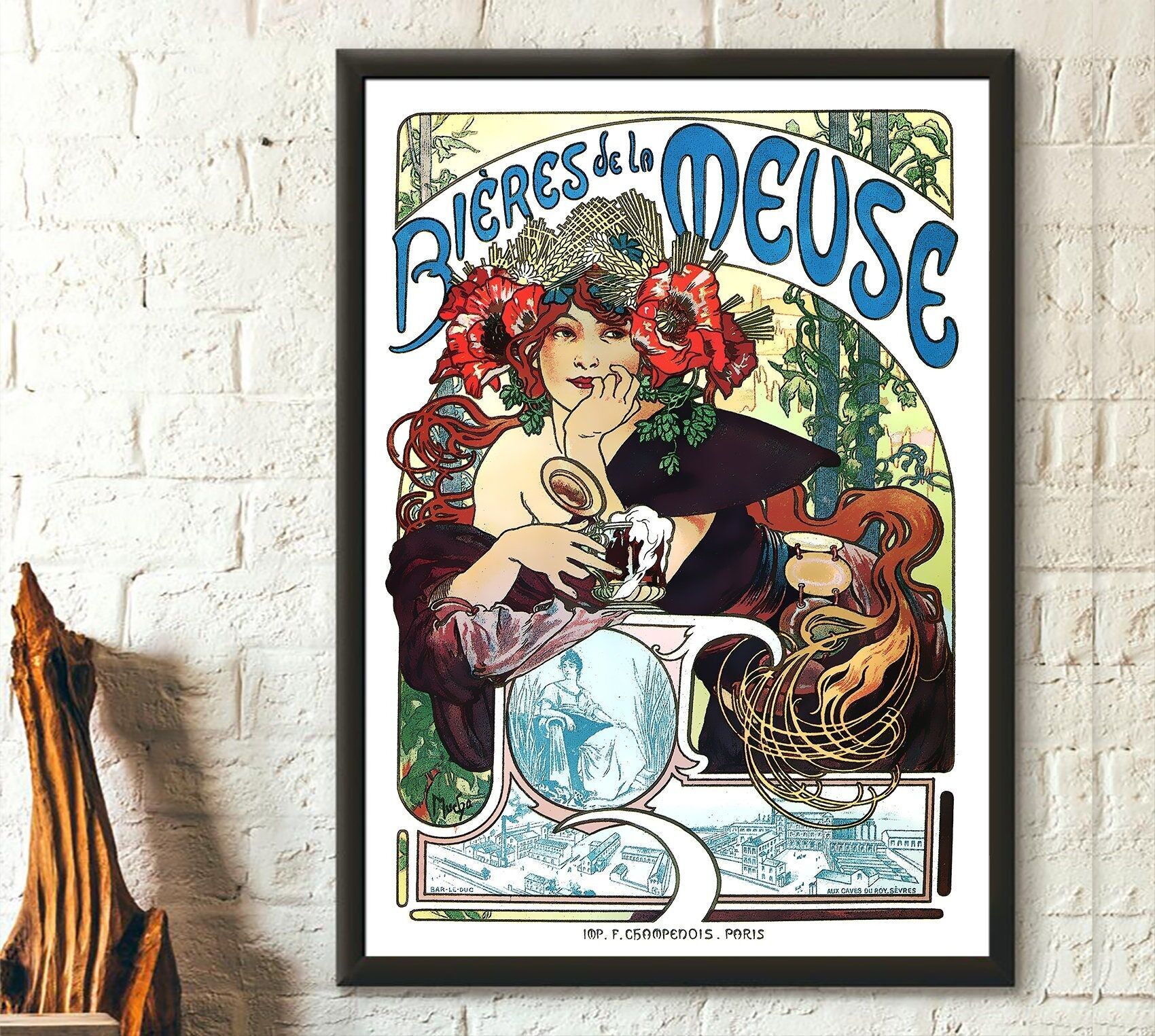 Poster da parete vintage con birra – Birre della Mosa – Poster da cucina vintage – Art Nouveau – Decorazione da cucina