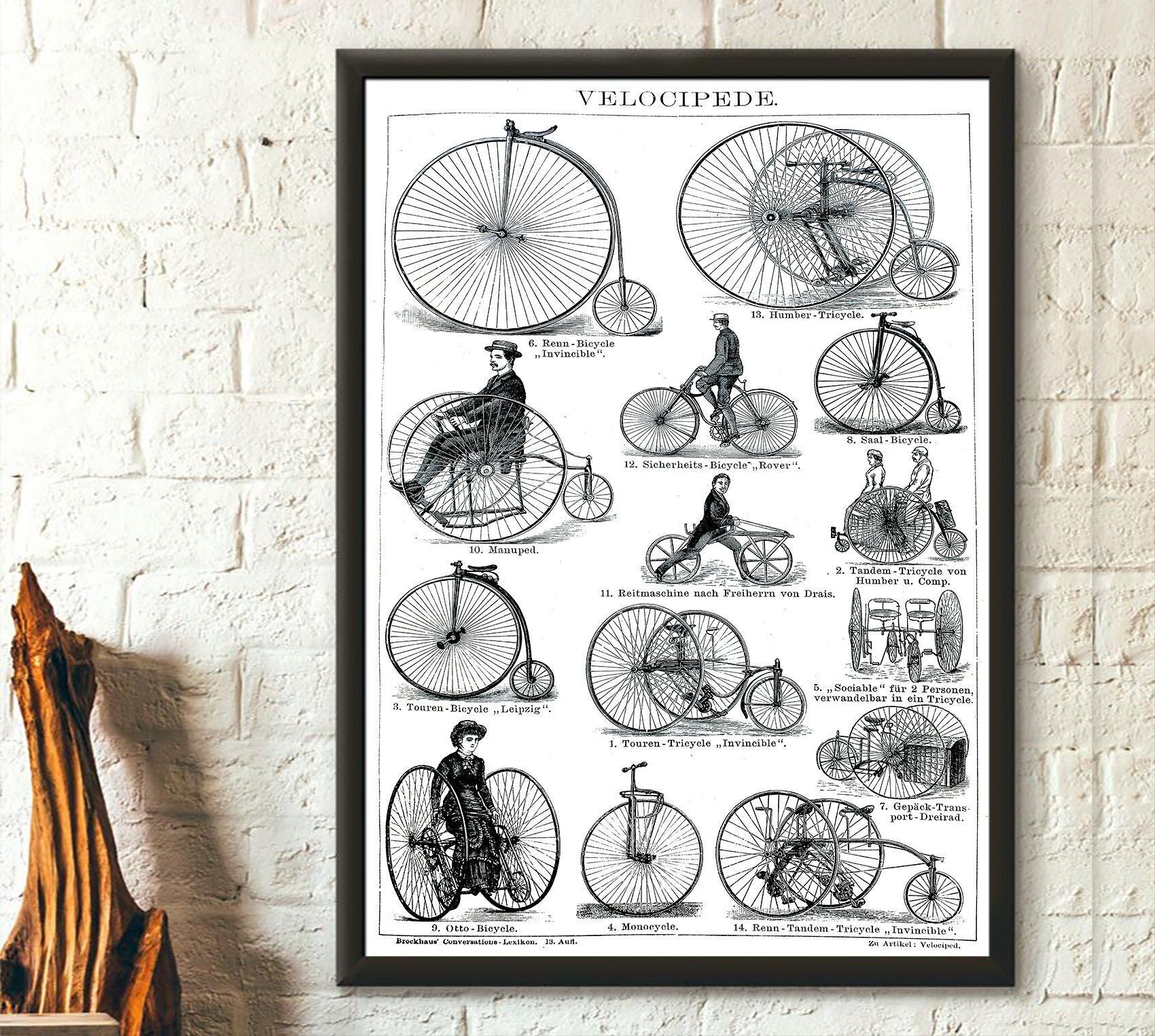 Illustrazioni di biciclette d'epoca 1882 Brockhaus – Poster di biciclette – Stampe di biciclette d'epoca – Arte murale sul ciclismo