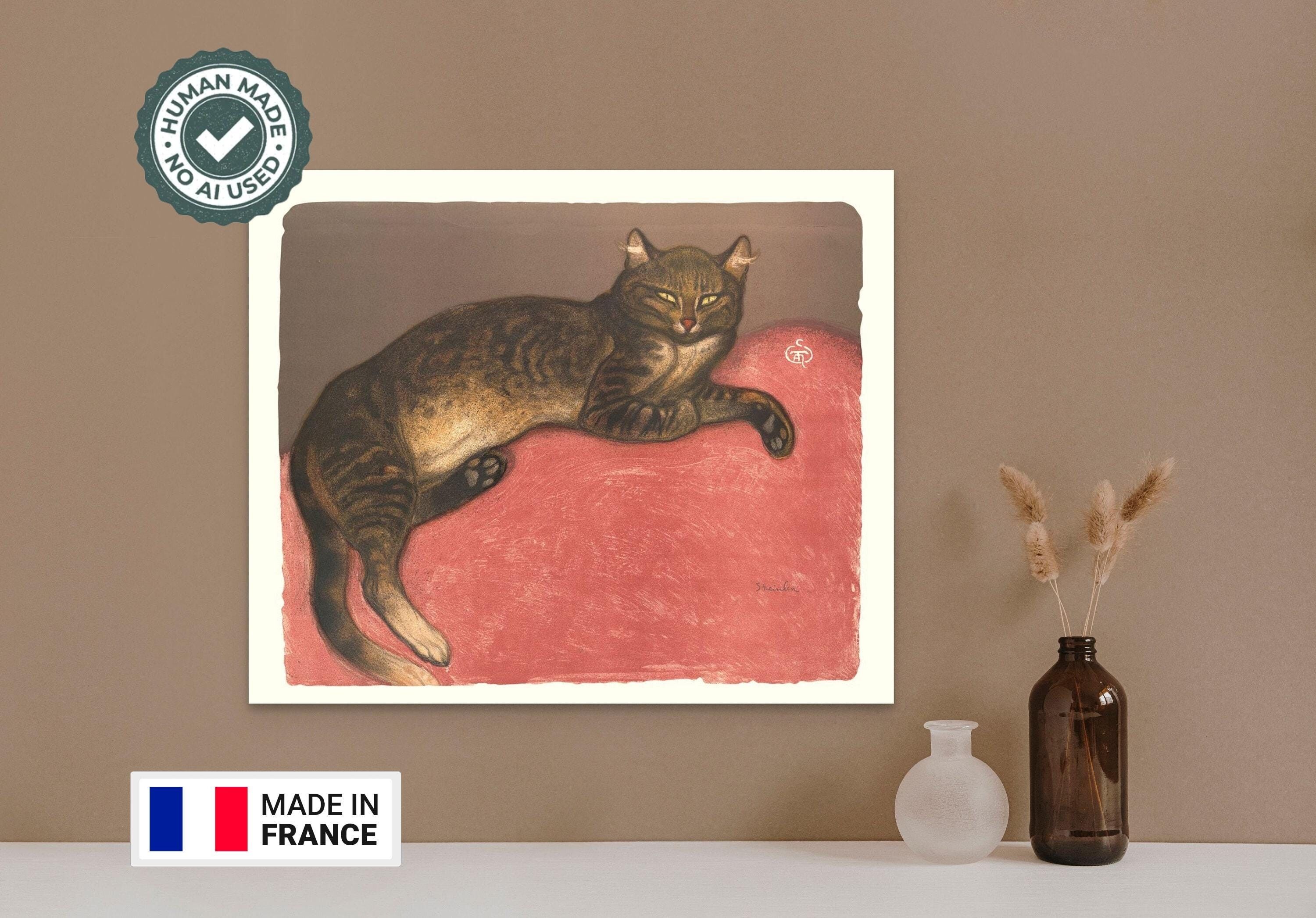 Gatto su cuscino, opera d'arte murale del 1909 di Théophile Alexandre Steinlen – Poster vintage con gatto – Arte murale – Poster per amanti dei gatti