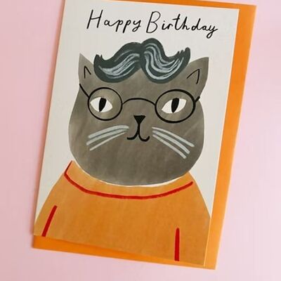 Biglietto d'auguri di buon compleanno con gatto con occhiali - Grigio