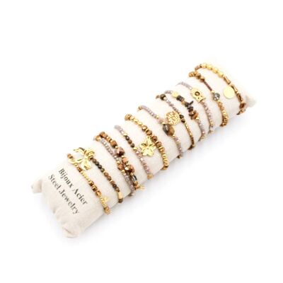 Pack of 12 glass crystal and steel bracelets - BROWN