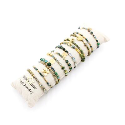 Pack de 12 bracelets cristal de verre et acier - VERT
