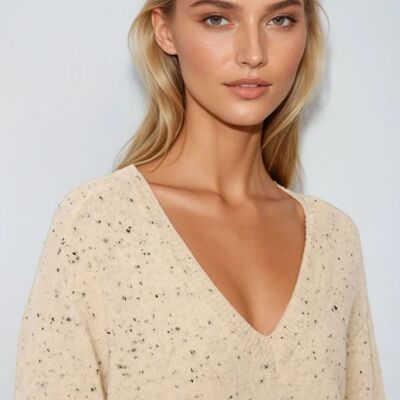 V-neck wide fit Speckled Sweater in Cream