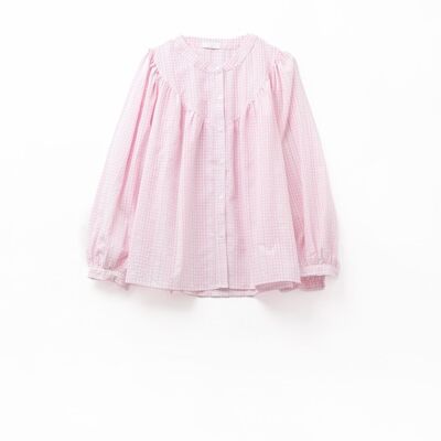 Chemisier rose pâle à carreaux vichy sans col et manches larges