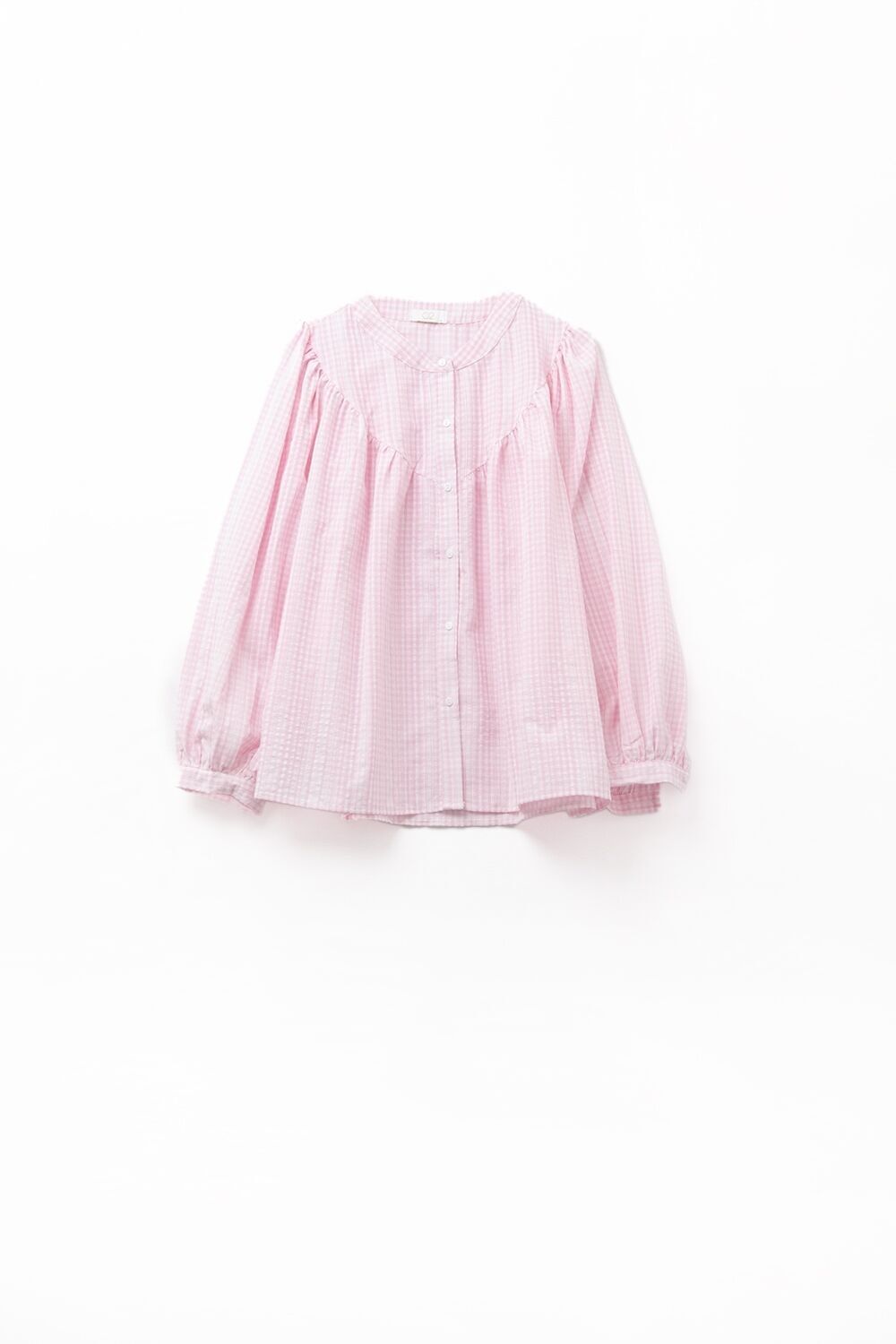 Gingham Pale Pink Collarless Blouse With Wide Sleeves