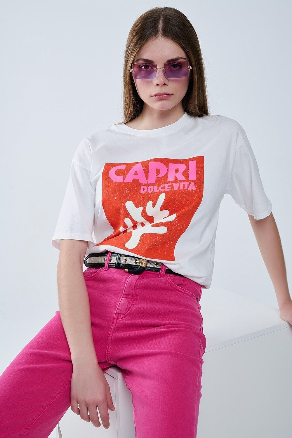 T-shirt Capri La Dolce Vita Bianca Con Stampa Grafica