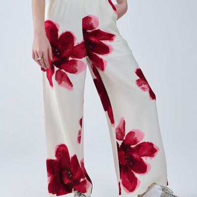 Beige Palazzo Pants With Red Tropial Flower Print and Matching Belt