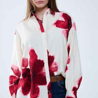 Chemise décontractée beige avec imprimé de fleurs tropicales rouges